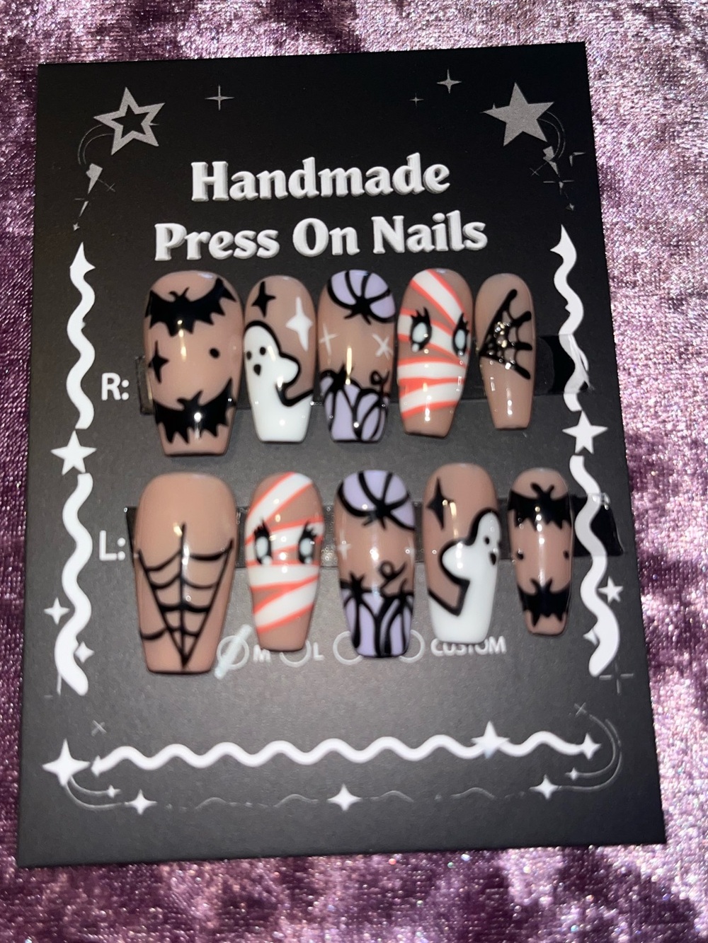 Handmade Nude Halloween Press-On Nails with Ghost & Spiderweb Accents